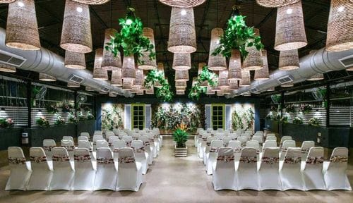 Botanical Banquet Hall With Hanging Woven Lighting for Networking