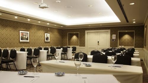 Classic Meeting Hall With Patterned Wallpaper for Conferences