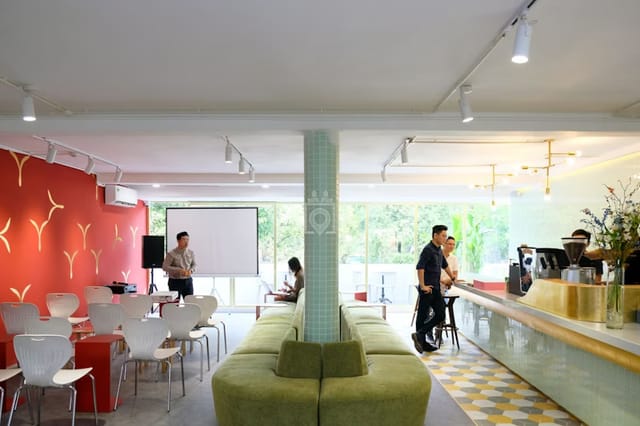 Co-Working Lounge With Patterned Feature Wall for Workshops