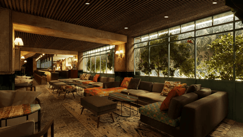 Warmly Lit Mid-Century Bar With Botanical Interiors for Afterwork Drinks