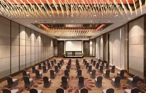 Gold Pendant Lighting Ballroom With Projection Stage for Conferences