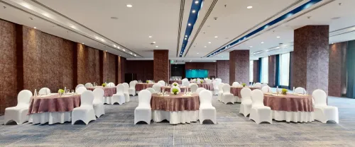 Refined Carpeted Event Hall With Blackout Curtains for Conferences
