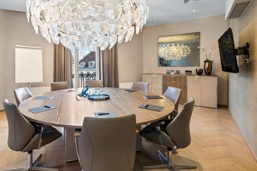 Stylish Boardroom With Balcony and City Views for Strategic Planning