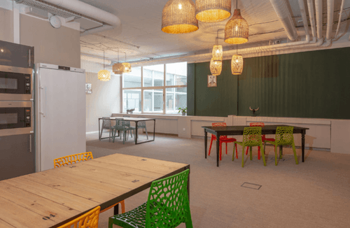 Modern Lunch Room With Woven Pendant Lights for Small Dinners