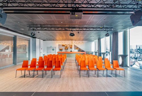 Modern Panoramic Hall With Atmospheric Lighting for Lively Cocktail Parties