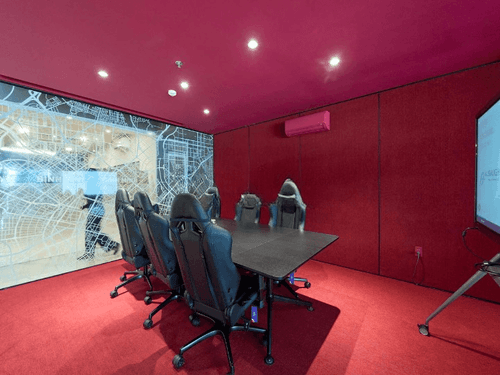 Red Conference Room With Map Glass Wall for Team Strategy Sessions
