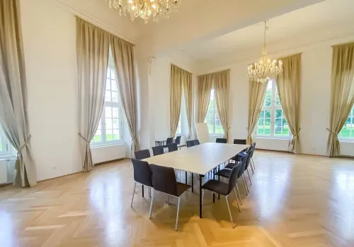Luxurious Neoclassical Hall With Serene Garden Views for Prestigious Events