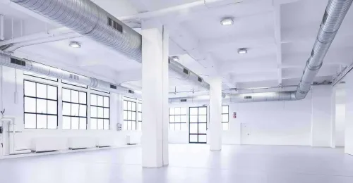 Bright and open venue with industrial elements