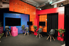 Colourful Studio With Integrated Broadcast Setup for Podcasts