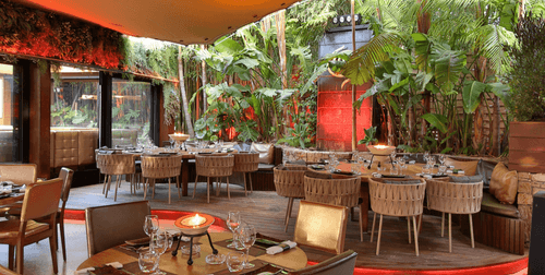 Enchanting Patio With Warm Earthy Tones and Lush Green Surroundings