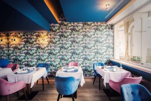 Bold Art Deco Brasserie With Tropical Wallpaper for Stylish Corporate Events