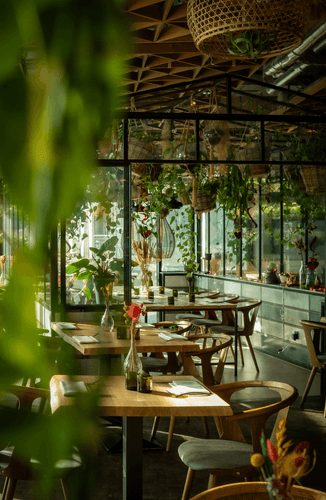 Rustic Dining Space With Lush Greenery for Company Lunches and Dinners