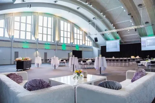 Contemporary Hall With Vaulted Ceilings for Vibrant Kick-off Parties