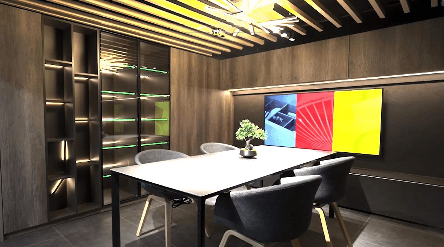Vip Ceiling VIP Room With Striking Wooden Ceiling and Digital Screen for Executive ...