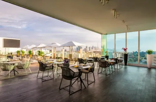 Stylish Rooftop With Panoramic City Views for Luxe Launch Events. The Canvas Hotel. Estrellas Rooftop Lounge