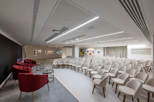 Elegant White Modern Venue With Plush Seating for Stylish Brand Launches. Expo City Dubai. Women's Pavilion