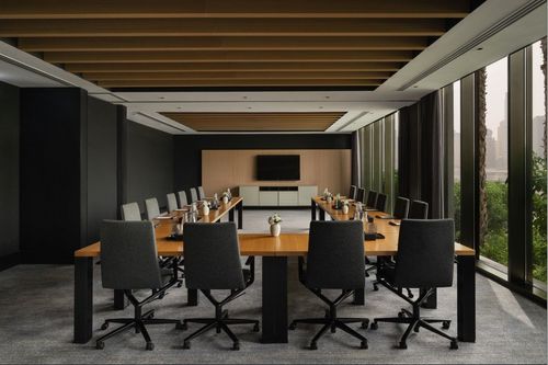 Sleek Timber-Lined Conference Suite With Garden Light for Corporate Briefings. Delano Dubai. Meeting Space 1, space_name = 2 and 3